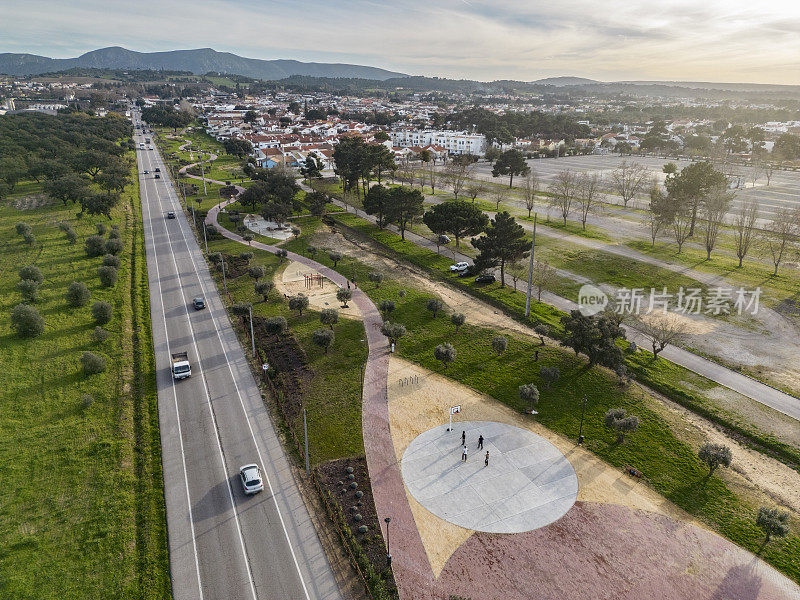 Aerial view of public square and urban road in Azeitão